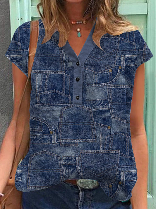 Women's Vintage Denim Patch Cotton Linen Casual Short Sleeve Shirt