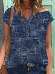 Women's Vintage Denim Patch Cotton Linen Casual Short Sleeve Shirt