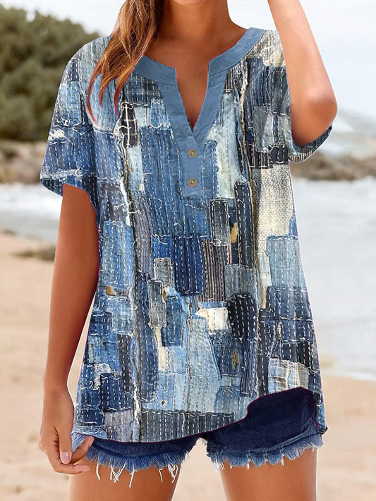 Women's Vintage Denim Patch Cotton Linen Casual Short Sleeve Shirt