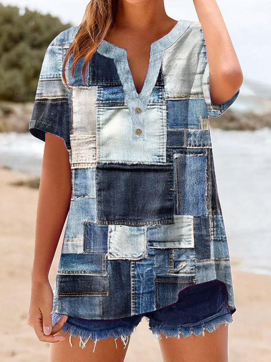 Women's Vintage Denim Patch Cotton Linen Casual Short Sleeve Shirt