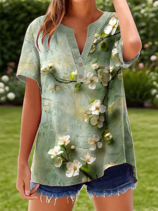 Women's Blooming Floral Art Print Linen Shirt