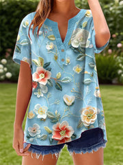 Women's Blooming Floral Embroidery Art Linen Shirt