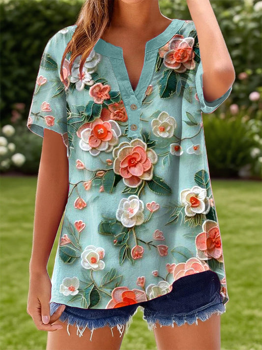 Women's Vintage Floral Embroidery Art Linen Shirt