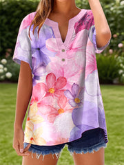 Women's Watercolor Floral Art Print Linen Shirt