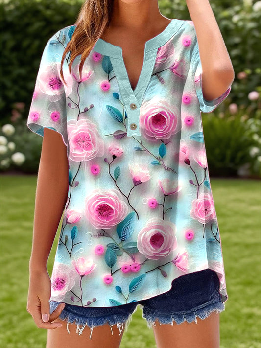 Women's Floral Art Print Linen Shirt