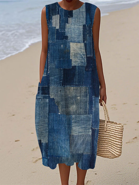Women's Vintage Denim Patch Cotton Linen Casual Sleeveless Dress