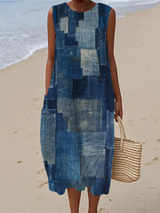 Women's Vintage Denim Patch Cotton Linen Casual Sleeveless Dress