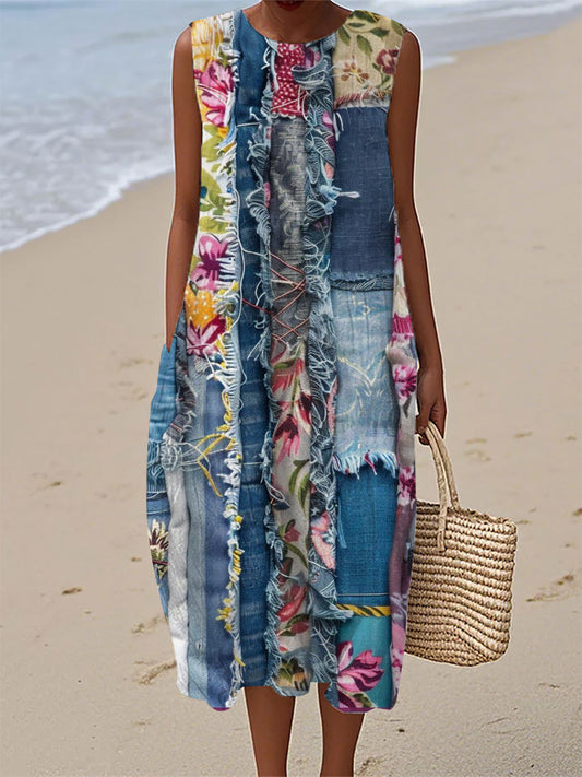 Women's Vintage Denim Patch Cotton Linen Casual Sleeveless Dress