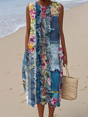 Women's Vintage Denim Patch Cotton Linen Casual Sleeveless Dress