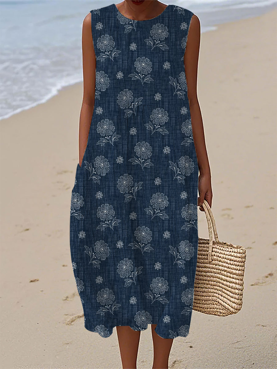 Women's Vintage Denim Patch Cotton Linen Casual Sleeveless Dress