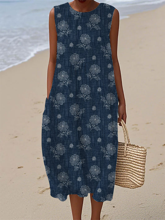 Women's Vintage Denim Patch Cotton Linen Casual Sleeveless Dress