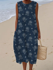 Women's Vintage Denim Patch Cotton Linen Casual Sleeveless Dress