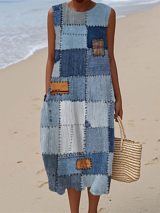 Women's Vintage Denim Patch Cotton Linen Casual Sleeveless Dress