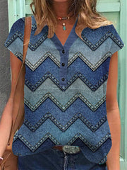 Women's Vintage Denim Patch Cotton Linen Casual Short Sleeve Shirt