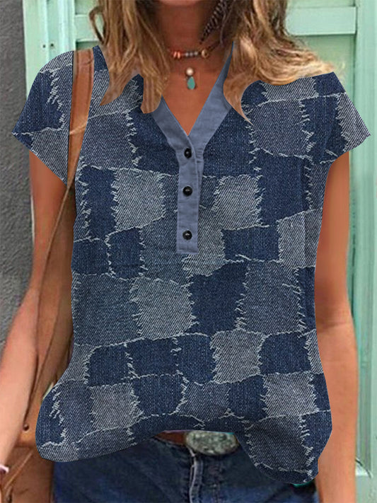 Women's Vintage Denim Patch Cotton Linen Casual Short Sleeve Shirt