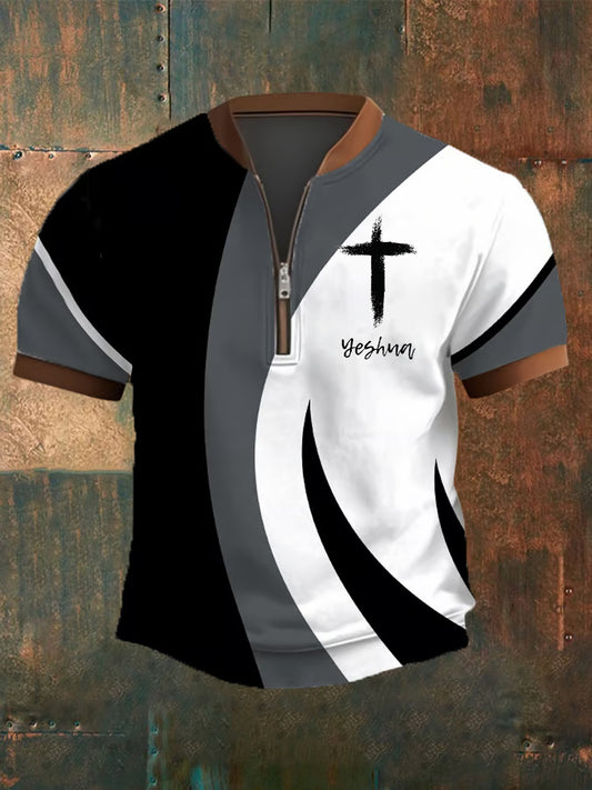 Men's Faith Yeshua Cross  Printed Zip-Up Short Sleeve Top