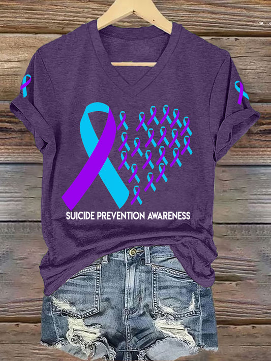 Women's Suicide Prevention Awareness Heart Ribbon Print T-Shirt