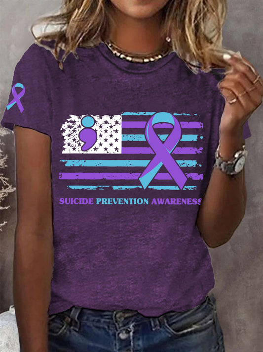 Women's Suicide Prevention Awareness American Flag Teal & Purple Ribbon T-Shirt