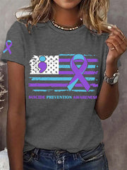 Women's Suicide Prevention Awareness American Flag Teal & Purple Ribbon T-Shirt