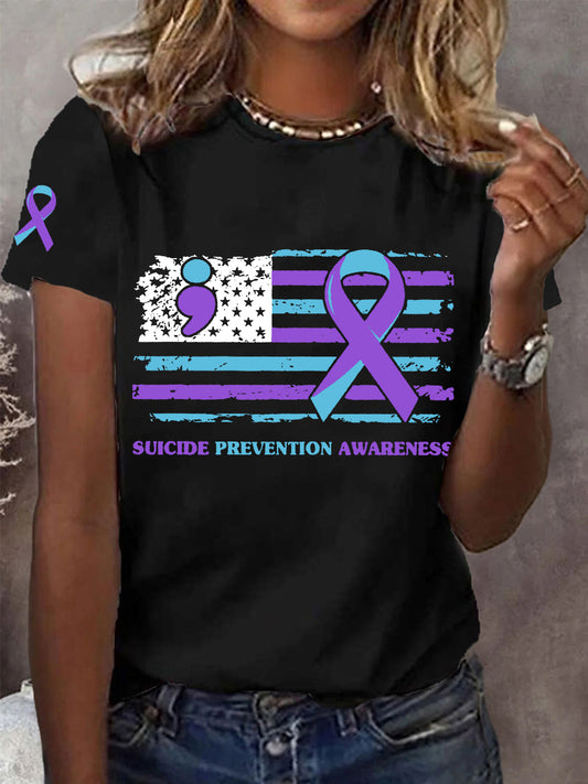 Women's Suicide Prevention Awareness American Flag Teal & Purple Ribbon T-Shirt