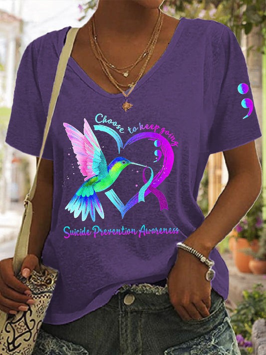 Women's Suicide Prevention Awareness Choose To Keep Going Hummingbird Heart T-Shirt