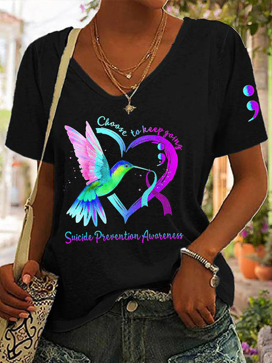 Women's Suicide Prevention Awareness Choose To Keep Going Hummingbird Heart T-Shirt