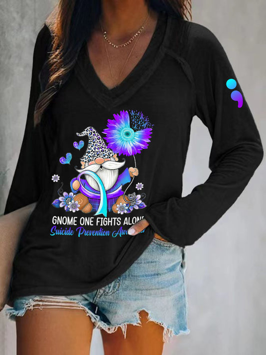 Women's Suicide Prevention Awareness Gnomes V Neck Tee
