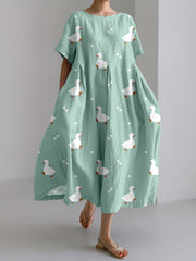 Women's White Duck Print Linen Short Sleeve Dress