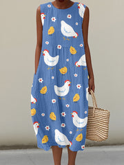 Women's Farm Chicken Print Linen Dress