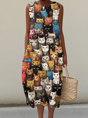 Women's Funny Cat Art Print Linen Dress