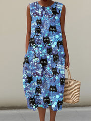 Women's Black Cat Art Print Linen Dress