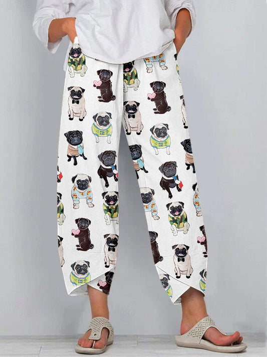 Women's Cute Pug Print Linen Pants