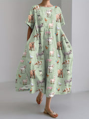 Women's Farm Animals Print Linen Dress