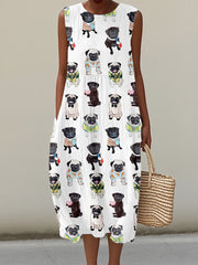 Women's Cute Pug Print Linen Dress