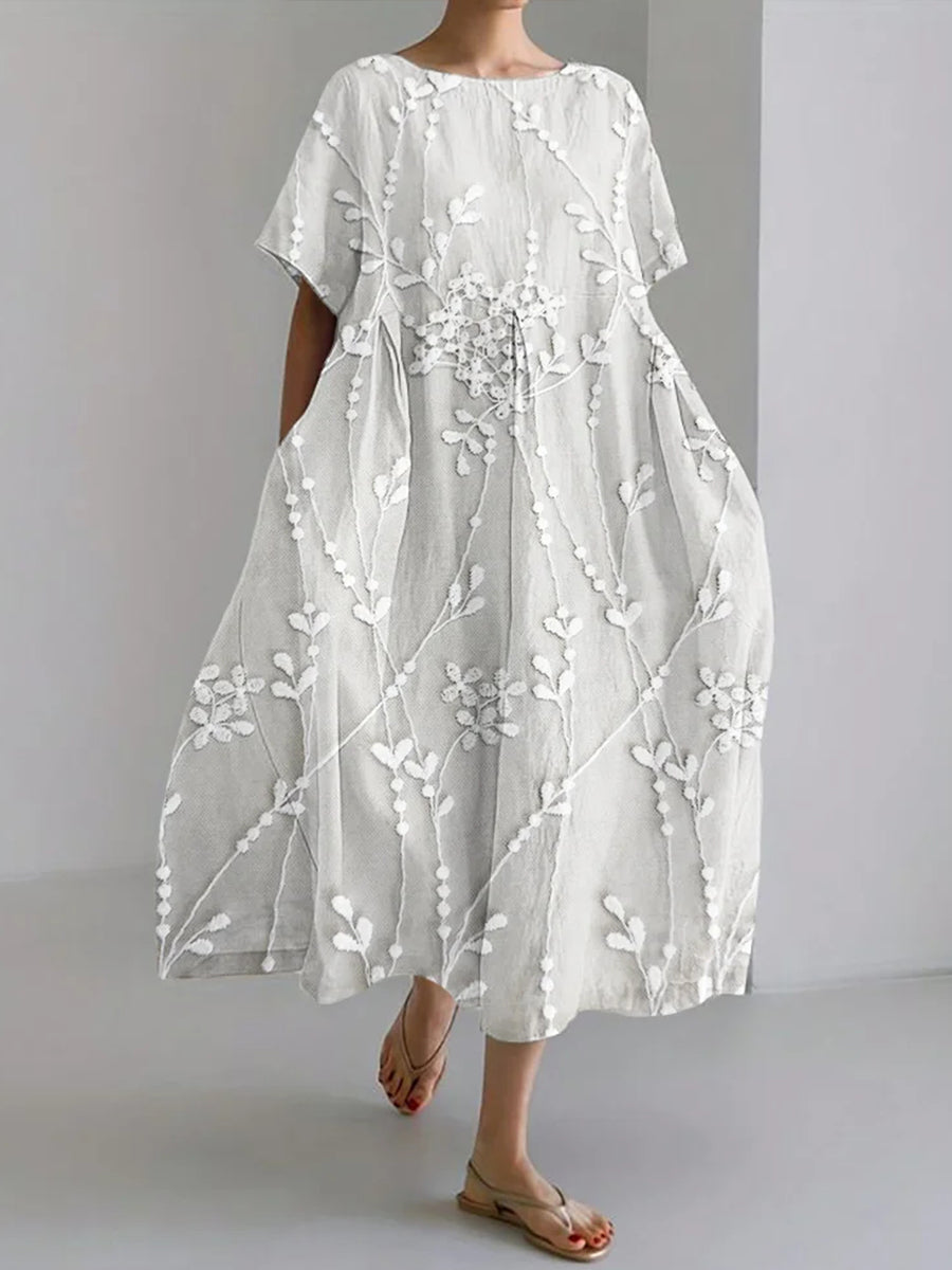 Women's Elegant Floral Embroidered Linen Dress