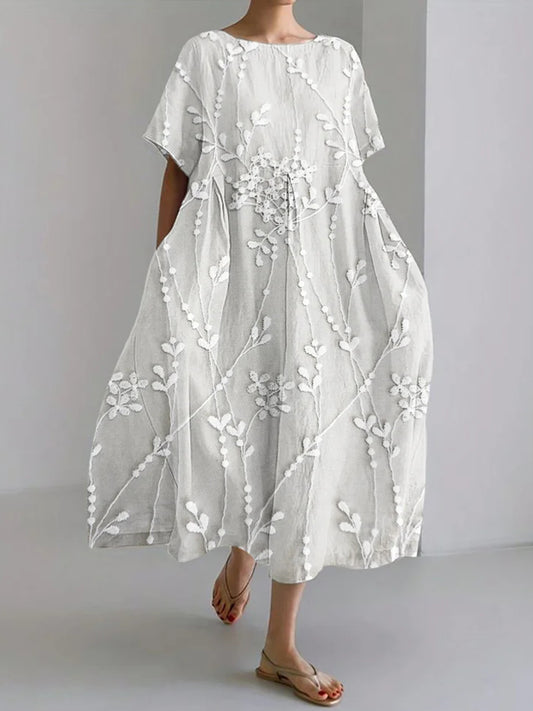 Women's Elegant Floral Embroidered Linen Dress