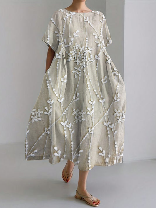 Women's Elegant Floral Embroidered Linen Dress