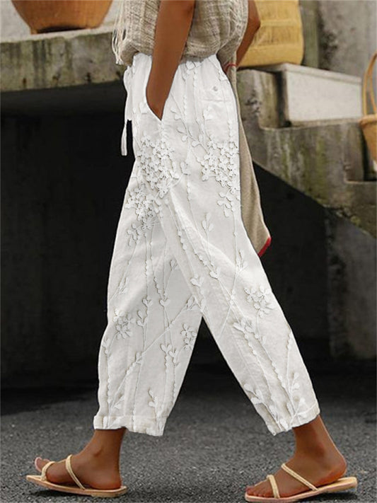 Women's Elegant Floral Embroidered Linen Pants
