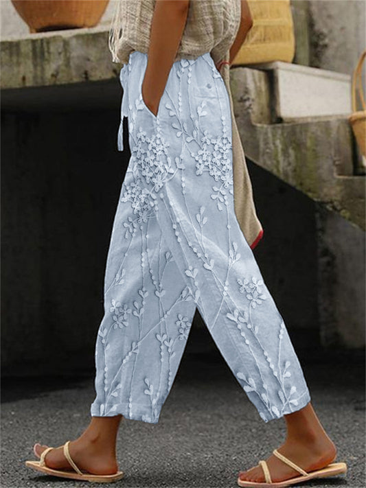 Women's Elegant Floral Embroidered Linen Pants