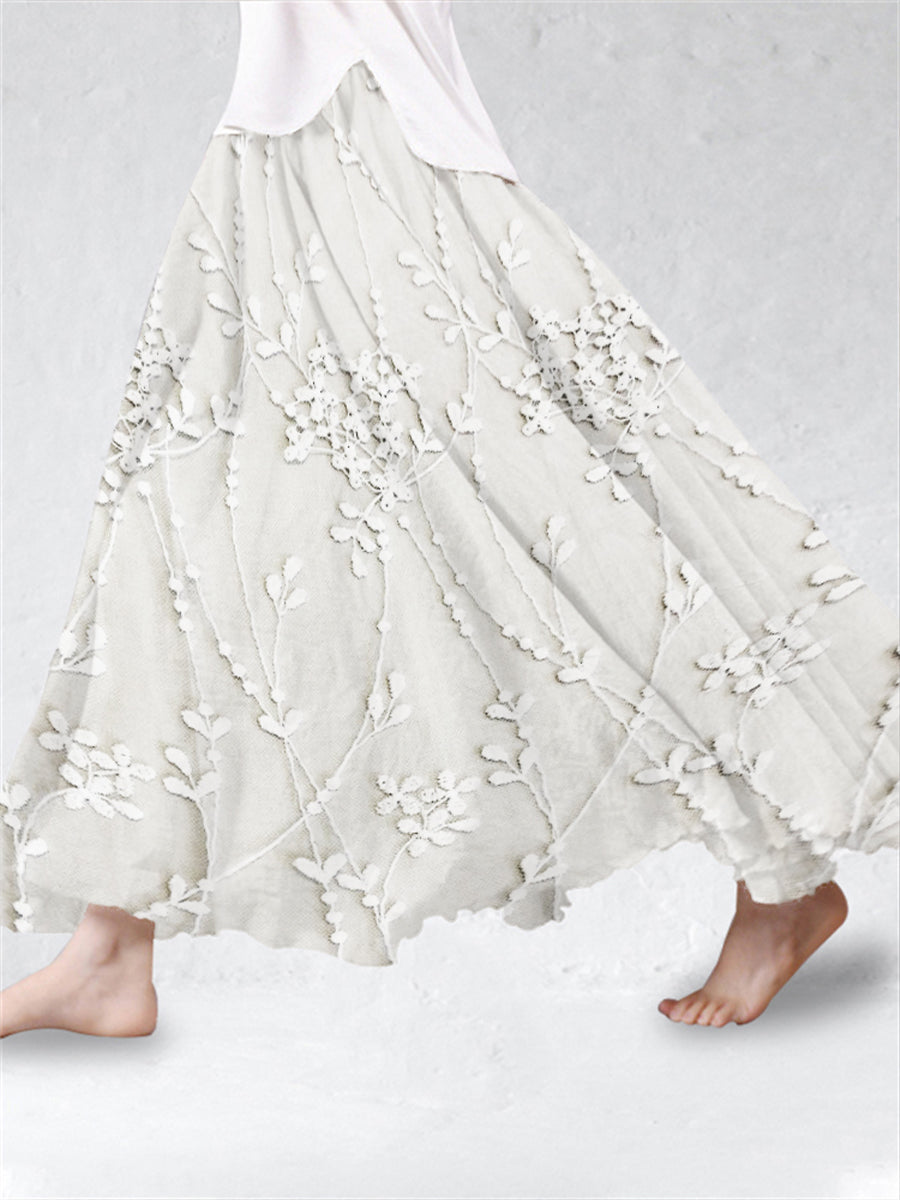 Women's Elegant Floral Embroidered Linen Skirt