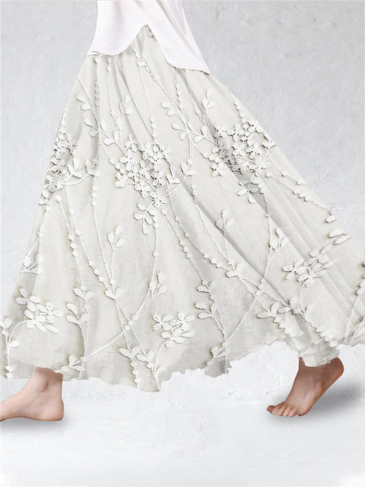 Women's Elegant Floral Embroidered Linen Skirt