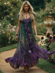 Women's Floral Embroidered Contrast Color Linen Maxi Dress