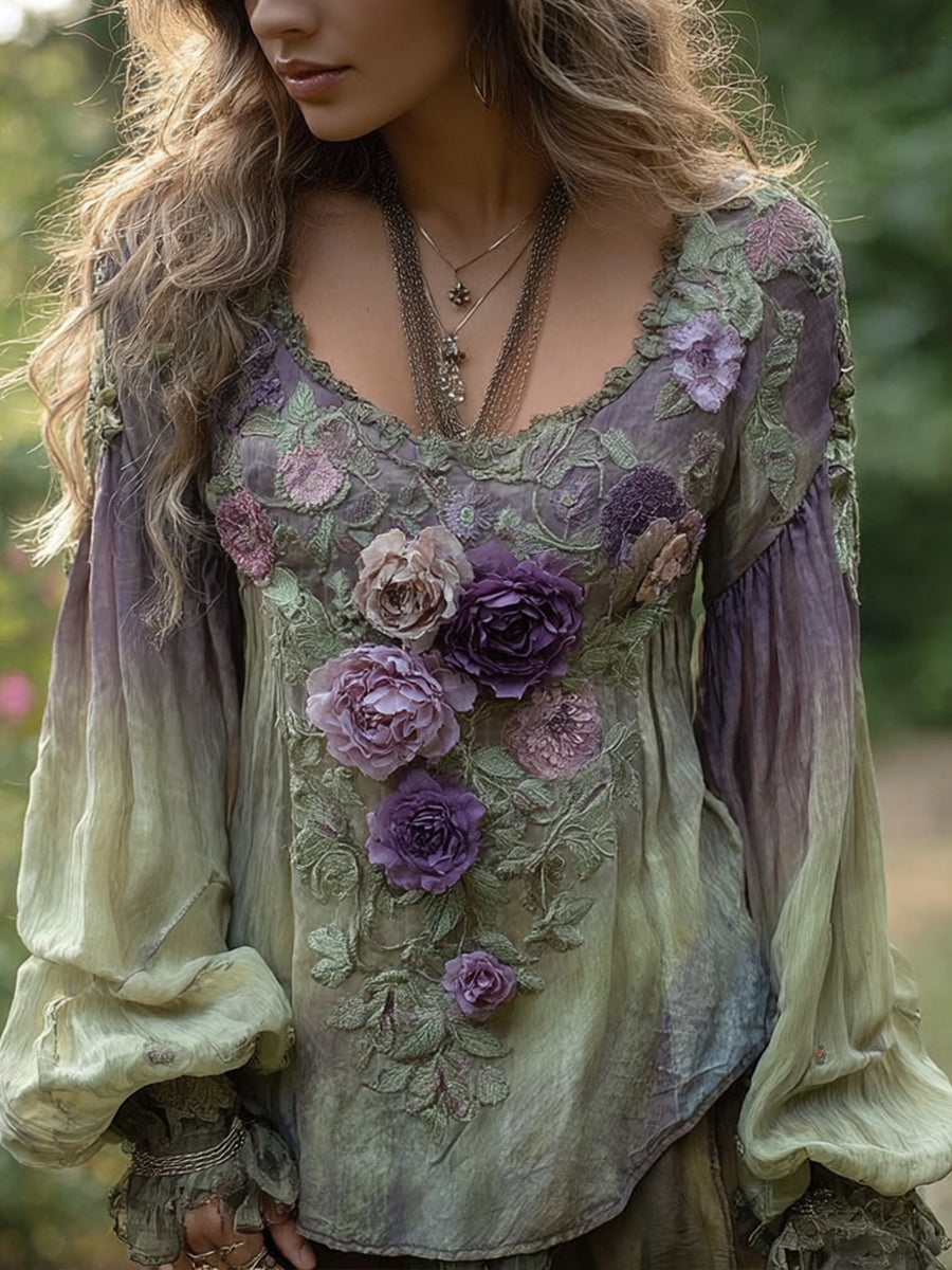 Women's Elegant Floral Embroidered Linen Shirt
