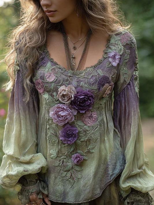 Women's Elegant Floral Embroidered Linen Shirt