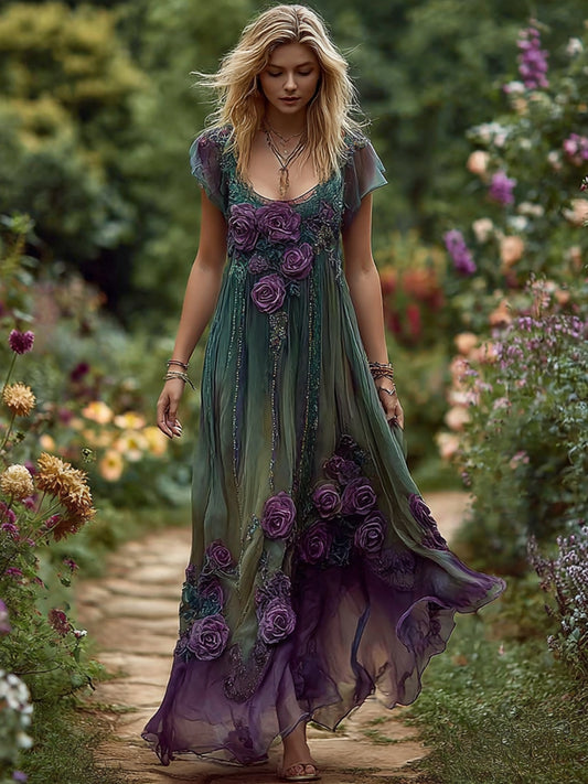 Women's Elegant Floral Embroidered Linen Maxi Dress