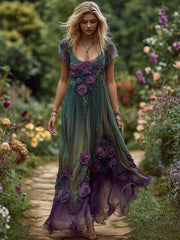 Women's Elegant Floral Embroidered Linen Maxi Dress