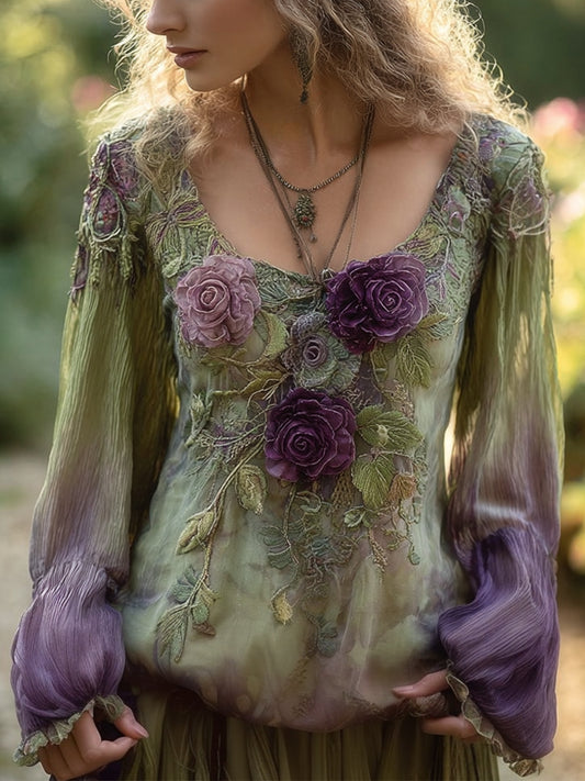Women's Elegant Floral Embroidered Vintage Shirt