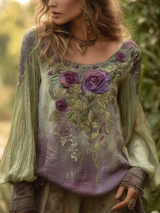 Women's Elegant Floral Embroidered Vintage Shirt