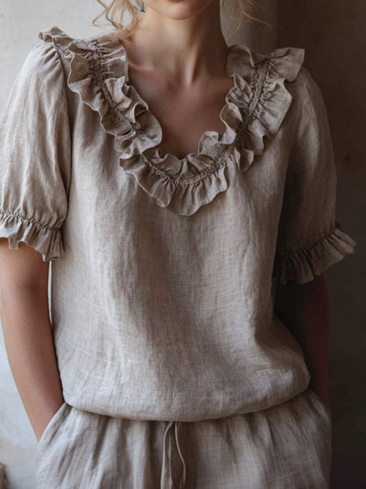 Women's Elegant Ruffled Linen V-neck Shirt