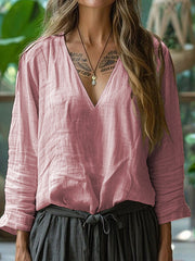 Women's Simple Solid Linen V-Neck Shirt